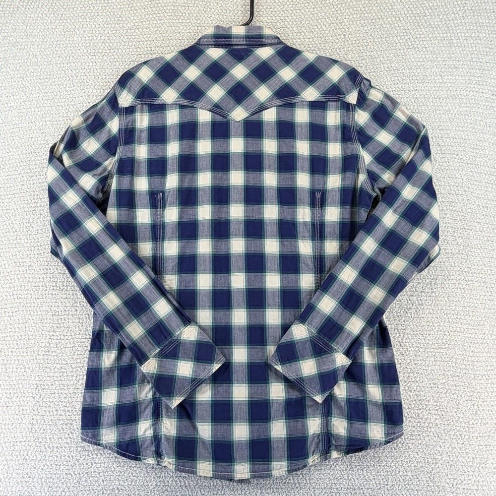 True Religion Western Pearl Snap Shirt Mens Large Blue White Plaid Long Sleeve - Picture 6 of 15